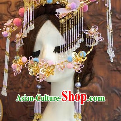 China Wedding Phoenix Coronet Traditional Hair Accessories Ancient Bride Deluxe Golden Hair Crown and Hairpins and Earrings