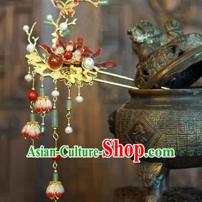 China Wedding Bride Jade Tassel Hairpin Ancient Convallaria Hair Stick Traditional Xiuhe Suit Hair Accessories