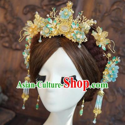 China Traditional Green Flowers Hair Crown and Tassel Hairpins Ancient Wedding Bride Hair Accessories