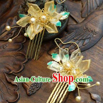 China Wedding Yellow Flower Hair Combs Traditional Xiuhe Suit Hair Accessories Ancient Bride Hair Sticks