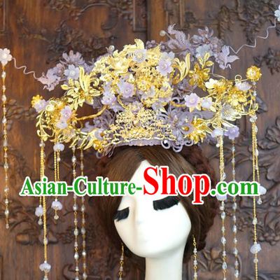 China Traditional Lilac Flowers Phoenix Coronet Ancient Wedding Bride Hair Accessories Deluxe Tassel Hair Crown