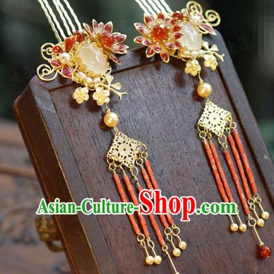 China Wedding Red Tassel Hair Combs Traditional Xiuhe Suit Hair Accessories Ancient Bride Chalcedony Hairpin