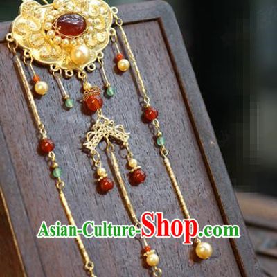 China Wedding Jade Tassel Golden Hair Stick Traditional Xiuhe Suit Hair Accessories Ancient Qing Dynasty Palace Hairpin
