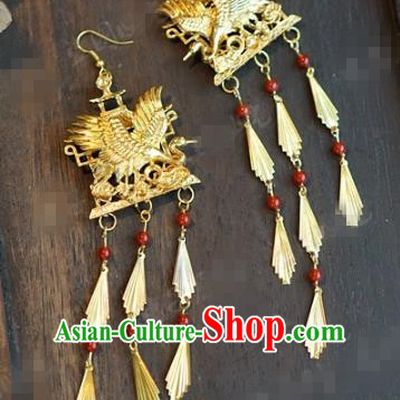 Top Grade Ancient Bride Golden Crane Earrings China Hanfu Accessories Court Tassel Ear Jewelry