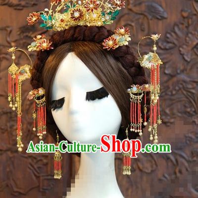 China Ancient Bride Red Lotus Hair Crown and Tassel Hairpins Traditional Hanfu Court Woman Hair Accessories