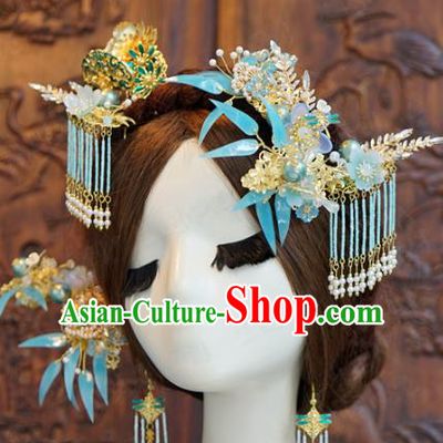 China Traditional Ancient Bride Blueing Hair Crown and Hairpins Earrings Court Hair Accessories Full Set