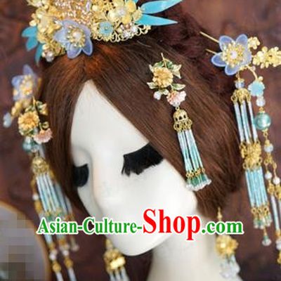 China Traditional Bride Hair Accessories Ancient Wedding Hair Crown and Tassel Hairpins Complete Set