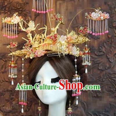 China Traditional Wedding Pink Beads Tassel Phoenix Coronet Hairpins Ancient Bride Hair Accessories Headwear