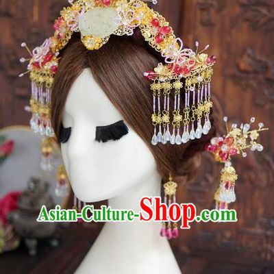 China Ancient Bride Hair Accessories Headwear Traditional Wedding Jade Hair Crown and Tassel Hairpins Full Set