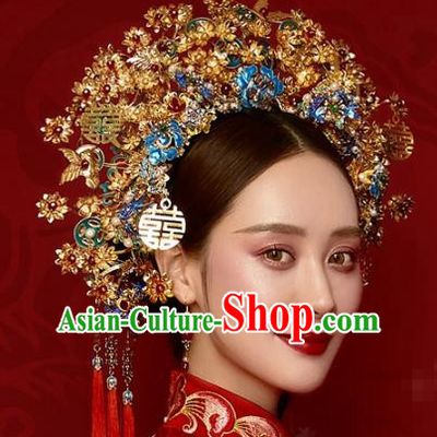 China Wedding Blueing Hair Crown Headwear Ancient Bride Phoenix Coronet Traditional Hair Accessories