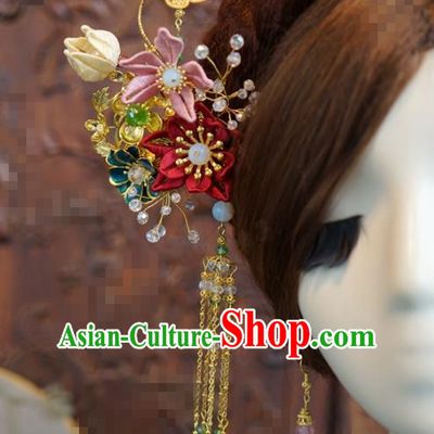 China Wedding Bride Silk Flowers Tassel Hairpin Traditional Hanfu Palace Hair Stick Xiuhe Suit Hair Accessories