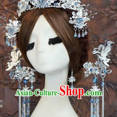 China Ancient Queen Phoenix Coronet Traditional Hair Accessories Wedding Argent Hair Crown Hairpins Complete Set