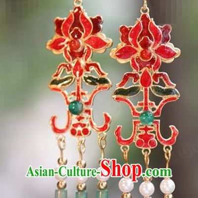 Top Grade Ancient Bride Enamel Red Lotus Earrings China Hanfu Accessories Court Jade Tassel Ear Jewelry
