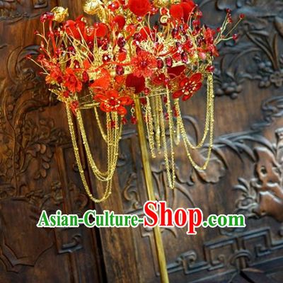 Chinese Traditional Handmade Wedding Red Plum Blossom Scepter Ancient Bride Props
