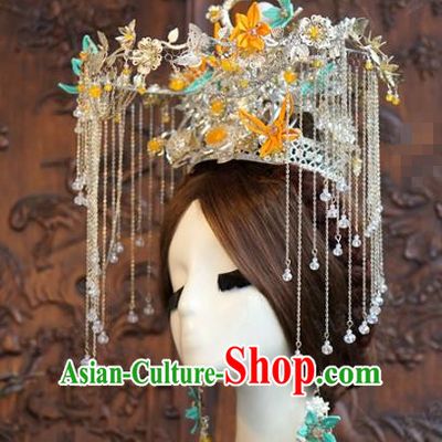 China Traditional Wedding Argent Phoenix Coronet Ancient Queen Tassel Hair Crown Full Set