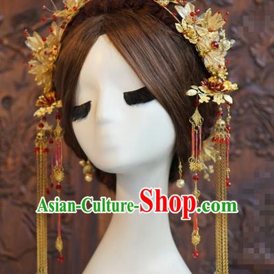China Ancient Bride Golden Flower Hair Clasp and Tassel Hairpins Traditional Wedding Hanfu Hair Accessories Full Set