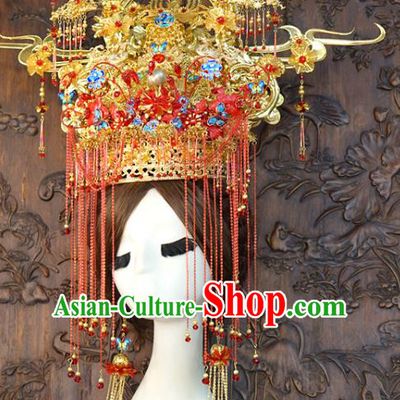 China Ancient Bride Blueing Phoenix Coronet Traditional Wedding Hanfu Luxury Hair Accessories Full Set