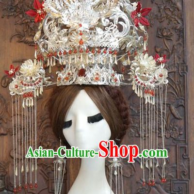 China Traditional Wedding Hanfu Luxury Hair Accessories Ancient Bride Argent Phoenix Coronet Full Set
