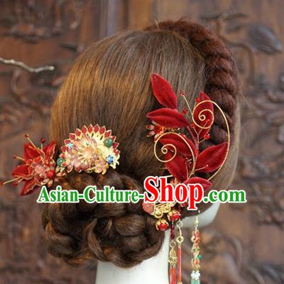 China Traditional Wedding Luxury Hair Accessories Ancient Bride Xiuhe Suit Red Velvet Flowers Hair Sticks Full Set
