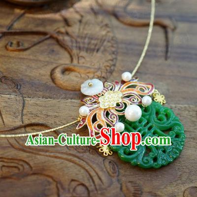 Chinese Traditional Cloisonne Lotus Necklace Handmade Ancient Princess Jade Carving Necklet Accessories