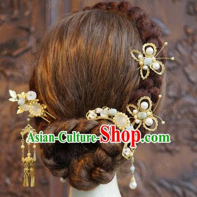 China Traditional White Chalcedony Hair Accessories Wedding Xiuhe Suit Headpieces Ancient Bride Hair Combs and Hairpins