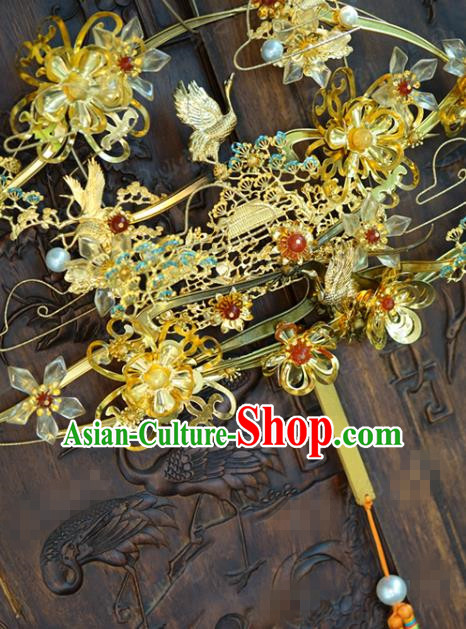 Chinese Traditional Wedding Palace Fan Handmade Ancient Bride Accessories Golden Crane Plum Fan Chinese Traditional Wedding Palace Fan Handmade Ancient Bride Accessories Golden Crane Plum Fan