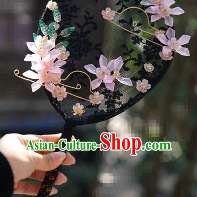 Chinese Handmade Traditional Black Lace Palace Fan Ancient Wedding Bride Accessories Round Fan