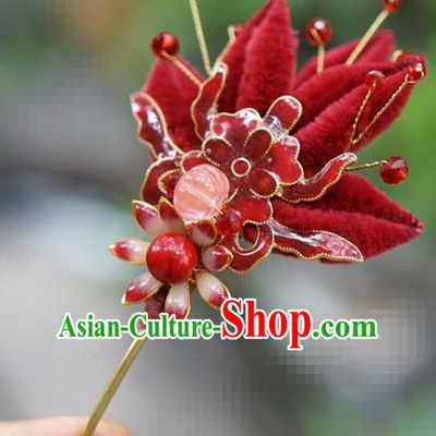 China Ancient Bride Hairpin Traditional Xiuhe Suit Hair Accessories Wedding Red Velvet Hair Stick
