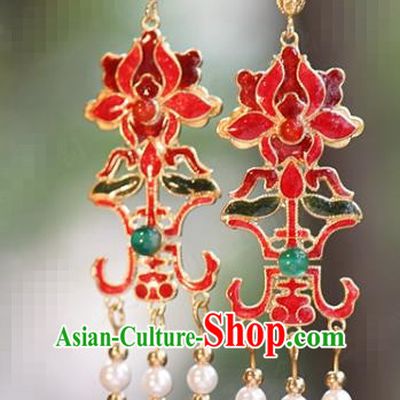Top Grade Enamel Red Lotus Ear Jewelry China Traditional Hanfu Accessories Ancient Bride Jade Tassel Earrings