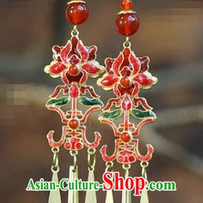 Top Grade China Qing Dynasty Lotus Ear Jewelry Traditional Hanfu Accessories Ancient Bride Cloisonne Red Earrings
