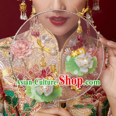 Chinese Handmade Pink Silk Round Fan Traditional Wedding Jewelry Accessories Ancient Bride Fish Lotus Palace Fan