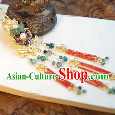 China Ancient Princess Tassel Hairpin Traditional Xiuhe Suit Hair Jewelry Accessories Court Jade Hair Clip