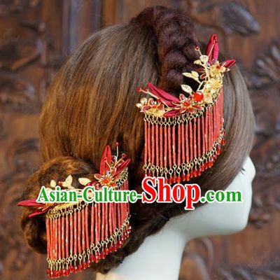 China Ancient Princess Red Beads Tassel Hair Sticks Traditional Xiuhe Suit Hair Jewelry Accessories Court Silk Flowers Hairpin