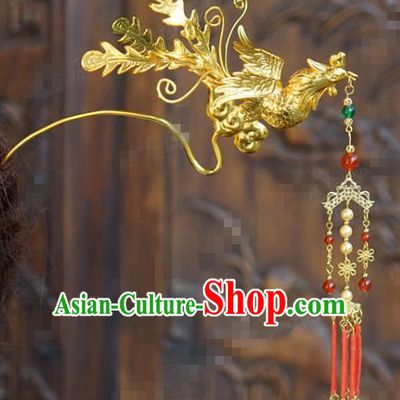 China Ancient Princess Red Beads Tassel Hair Clip Traditional Xiuhe Suit Hair Jewelry Accessories Court Golden Phoenix Hairpin