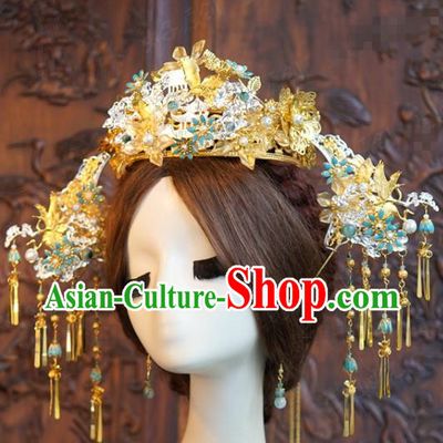 China Xiuhe Suit Headpieces Ancient Bride Golden Tassel Hairpins Traditional Wedding Phoenix Coronet Hair Accessories