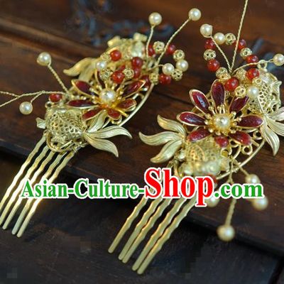 China Ancient Bride Golden Fish Hair Combs Traditional Xiuhe Suit Hair Jewelry Accessories Wedding Cloisonne Hairpins