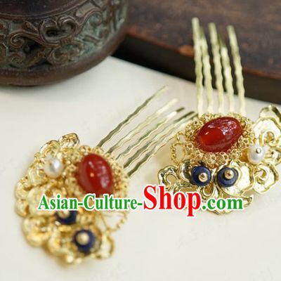 China Ancient Bride Golden Hair Combs Traditional Xiuhe Suit Hair Jewelry Accessories Qing Dynasty Palace Agate Hairpins