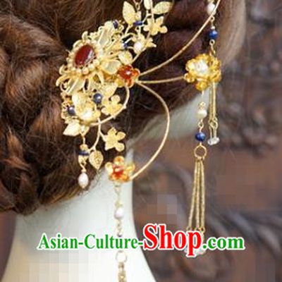 China Ancient Bride Pearls Agate Hair Clips Traditional Xiuhe Suit Hair Jewelry Accessories Qing Dynasty Palace Tassel Hairpins