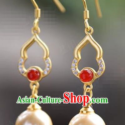 Top Grade Pearl Crystal Earrings Traditional Accessories China Ancient Court Empress Golden Gourd Ear Jewelry