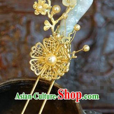 China Ancient Palace Golden Plum Hair Stick Traditional Xiuhe Suit Hair Jewelry Accessories Qing Dynasty Jade Hairpins