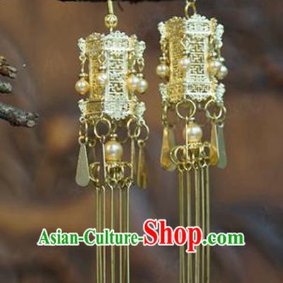Top Grade Golden Palace Lantern Earrings Traditional Accessories China Ancient Court Empress Pearls Ear Jewelry