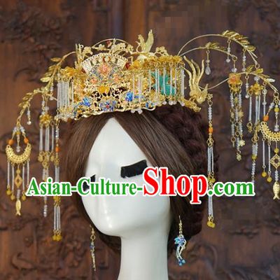 China Ancient Golden Phoenix Coronet Xiuhe Suit Headpieces Traditional Wedding Bride Hair Accessories Full Set