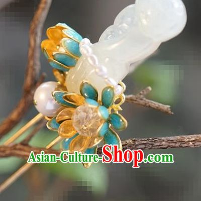 China Ancient White Jade Pearls Hairpin Traditional Xiuhe Suit Hair Jewelry Accessories Court Princess Convallaria Hair Stick