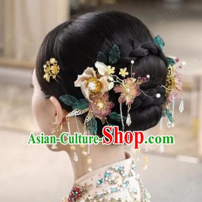 China Ancient Bride Flowers Hair Comb Wedding Hair Accessories Traditional Xiuhe Suit Tassel Hairpins Hair Sticks Full Set