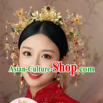 China Traditional Xiuhe Suit Headdress Wedding Bride Hair Accessories Ancient Queen Hair Crown and Tassel Hairpins