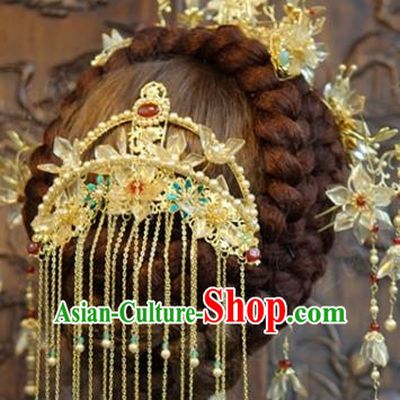 China Ancient Palace Pearls Hair Comb Traditional Xiuhe Suit Hair Jewelry Accessories Wedding Golden Tassel Hair Crown