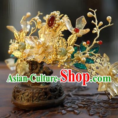 China Ancient Palace Agate Pearls Hair Crown Traditional Xiuhe Suit Hair Jewelry Accessories Wedding Golden Hair Clasp