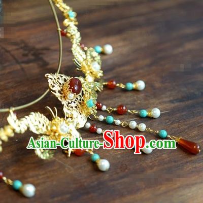 Chinese Court Golden Phoenix Necklace Ancient Wedding Jewelry Accessories Traditional Handmade Necklet