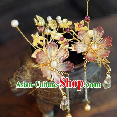 China Wedding Pink Flower Hairpins Ancient Bride Tassel Hair Clips Traditional Xiuhe Suit Hair Accessories