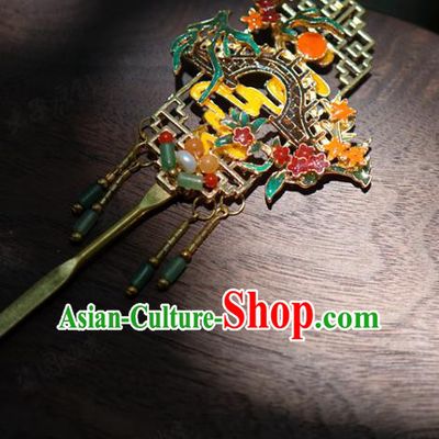 China Wedding Cloisonne Hairpins Traditional Xiuhe Suit Hair Accessories Ancient Bride Jade Tassel Hair Clip